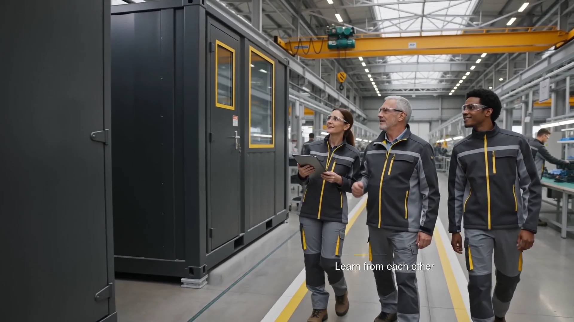 Illustrative careers film of engineering and production colleagues sharing knowledge in a modular infrastructure factory